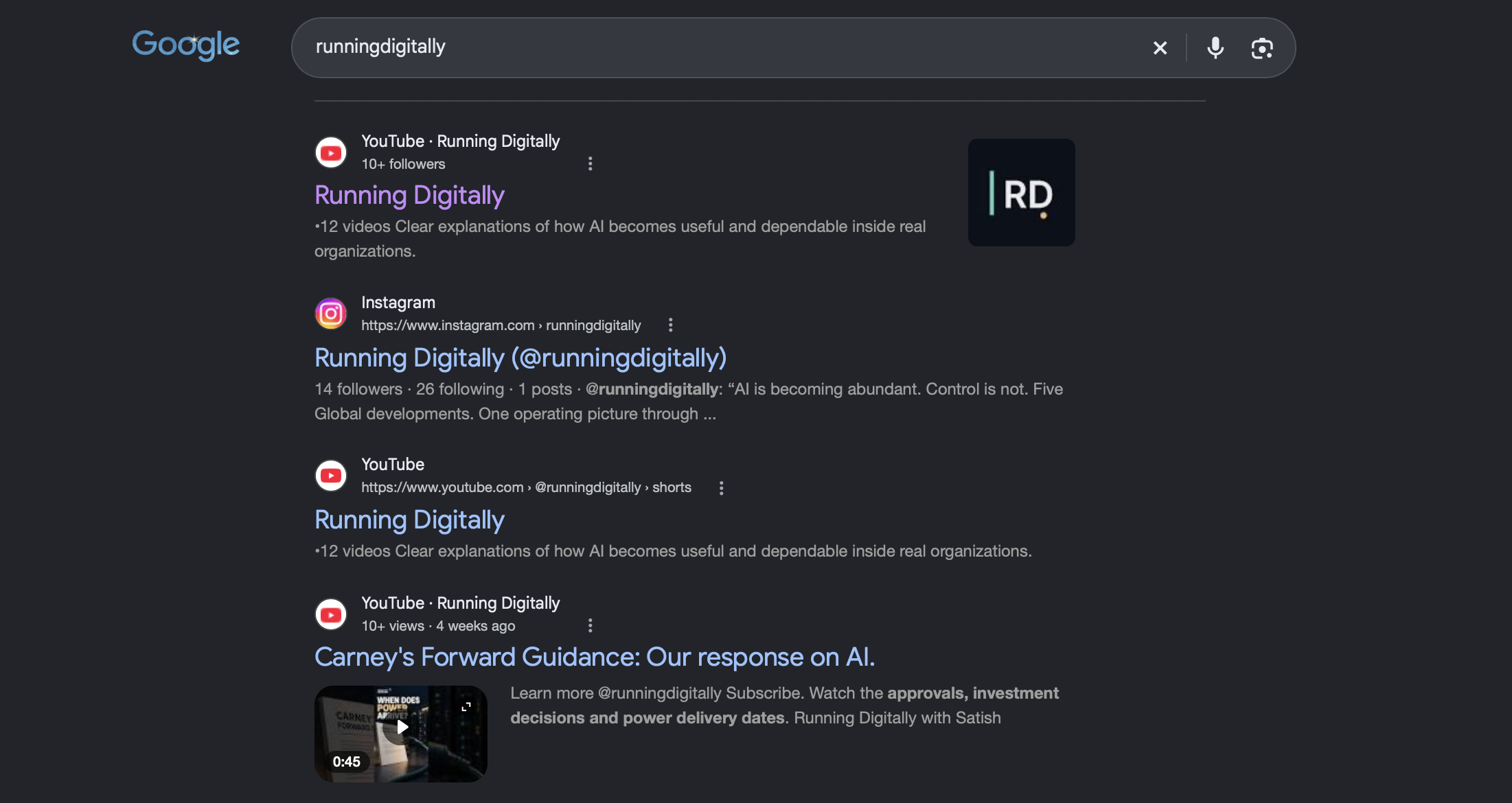 Google search results for runningdigitally, including Running Digitally on YouTube and Instagram.